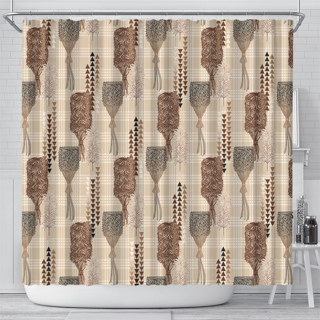 Aloha Hawaii Vintage Kahili Pa'a Lima Shower Curtain Palaka Print Cozy Beige