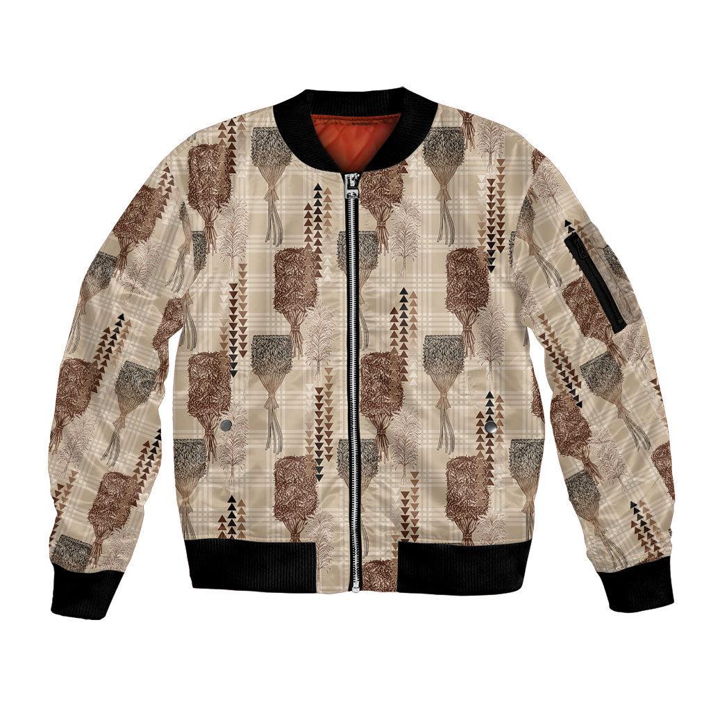 Aloha Hawaii Vintage Kahili Pa'a Lima Sleeve Zip Bomber Jacket Palaka Print Cozy Beige LT7 Unisex Beige - Polynesian Pride