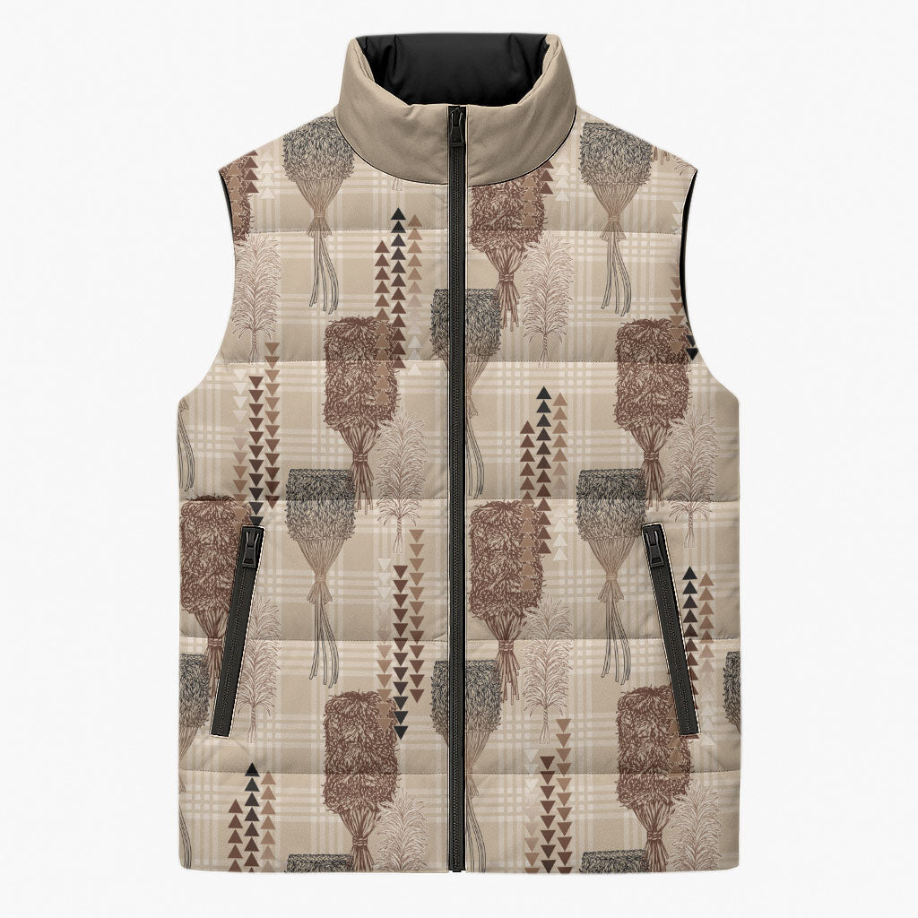 Aloha Hawaii Vintage Kahili Pa'a Lima Sleeveless Puffer Jacket Palaka Print Cozy Beige