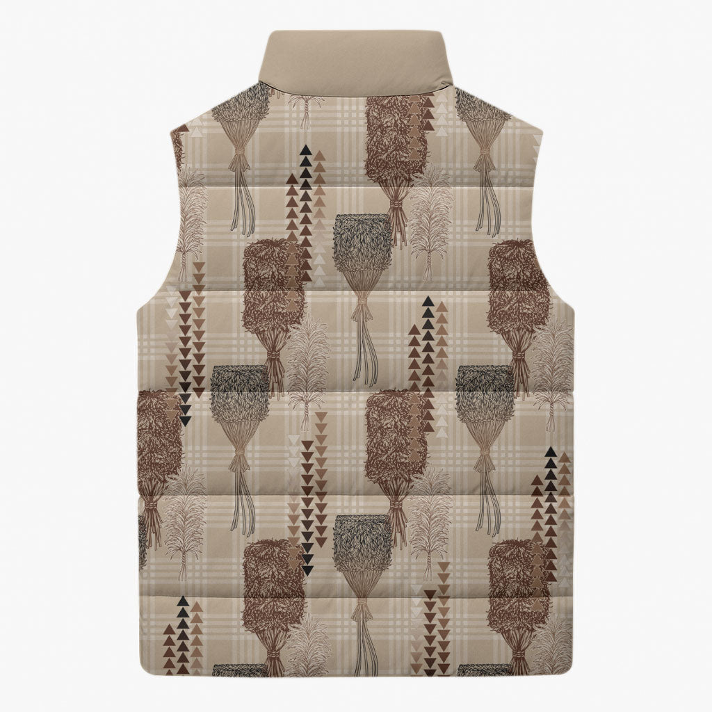 Aloha Hawaii Vintage Kahili Pa'a Lima Sleeveless Puffer Jacket Palaka Print Cozy Beige