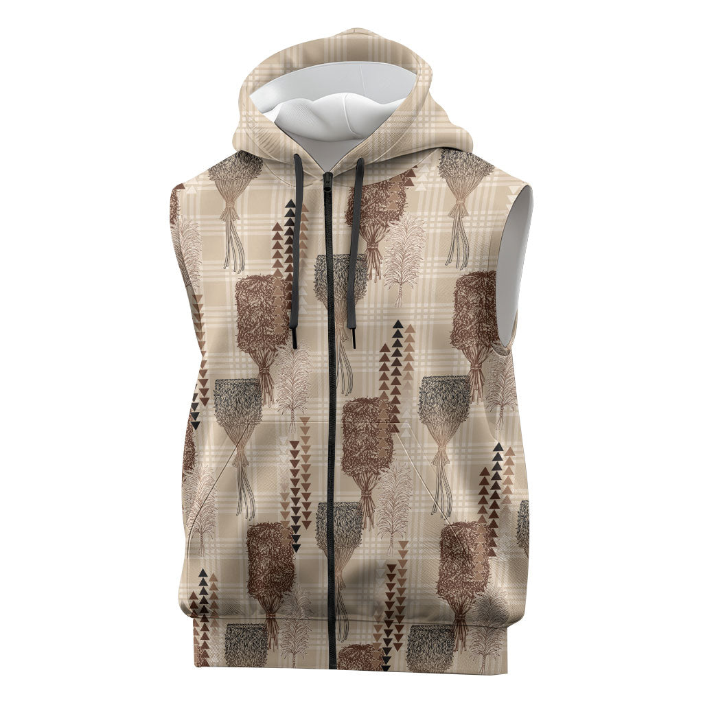 Aloha Hawaii Vintage Kahili Pa'a Lima Sleeveless Zip Hoodie Palaka Print Cozy Beige