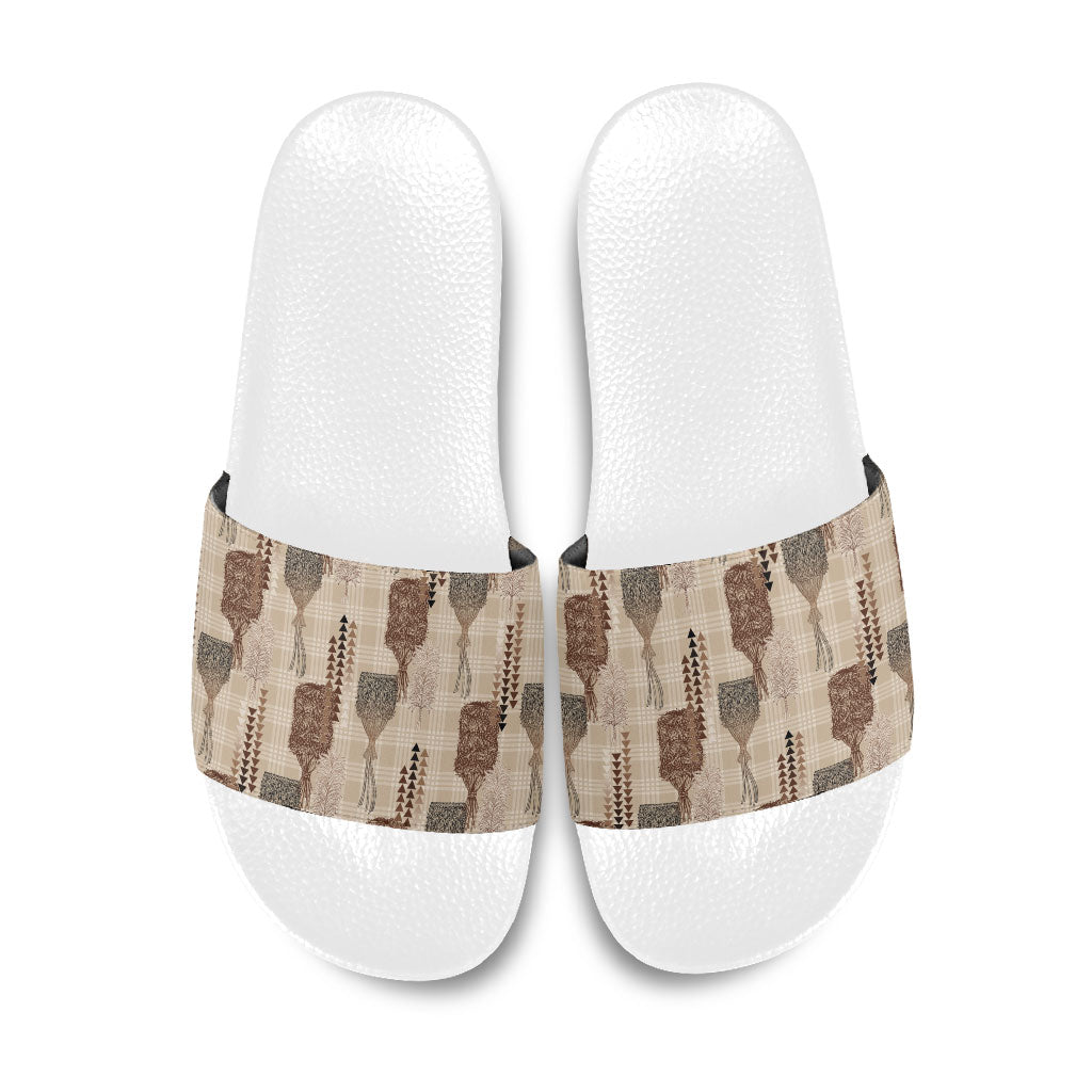 Aloha Hawaii Vintage Kahili Pa'a Lima Slide Sandals Palaka Print Cozy Beige