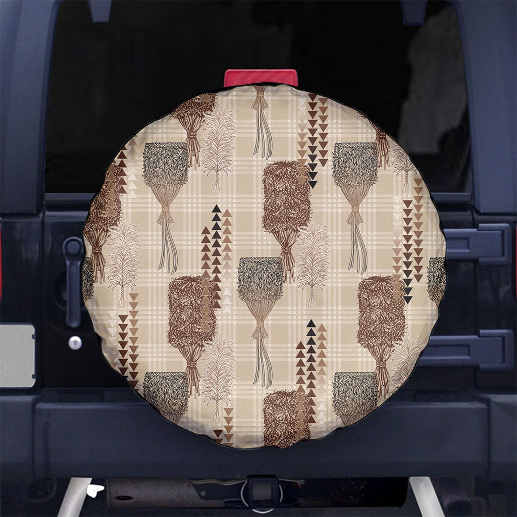 Aloha Hawaii Vintage Kahili Pa'a Lima Spare Tire Cover Palaka Print Cozy Beige
