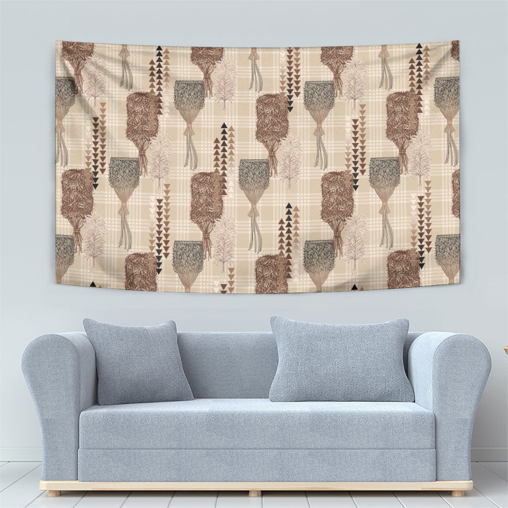 Aloha Hawaii Vintage Kahili Pa'a Lima Tapestry Palaka Print Cozy Beige