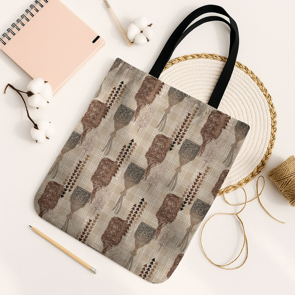 Aloha Hawaii Vintage Kahili Pa'a Lima Tote Bag Palaka Print Cozy Beige LT7 Black Strap One Size Beige - Polynesian Pride