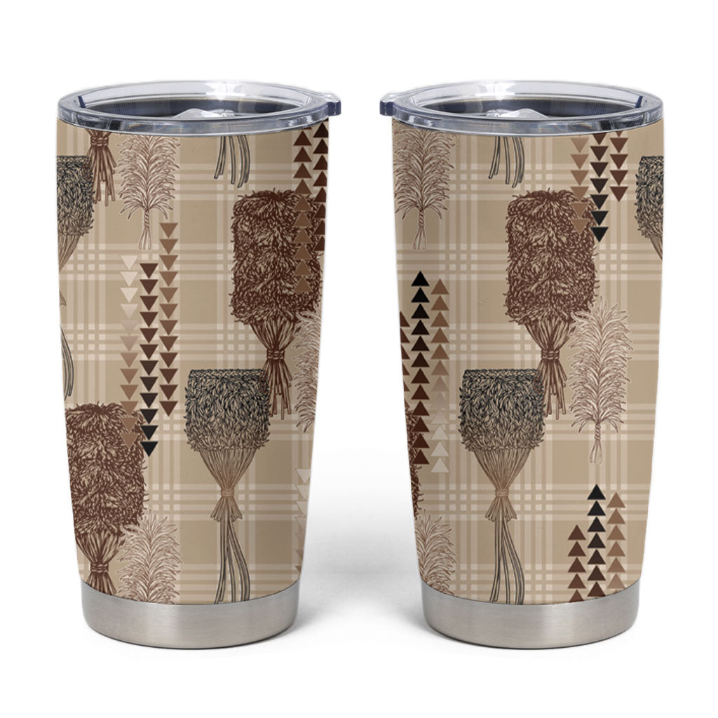 Aloha Hawaii Vintage Kahili Pa'a Lima Tumbler Cup Palaka Print Cozy Beige