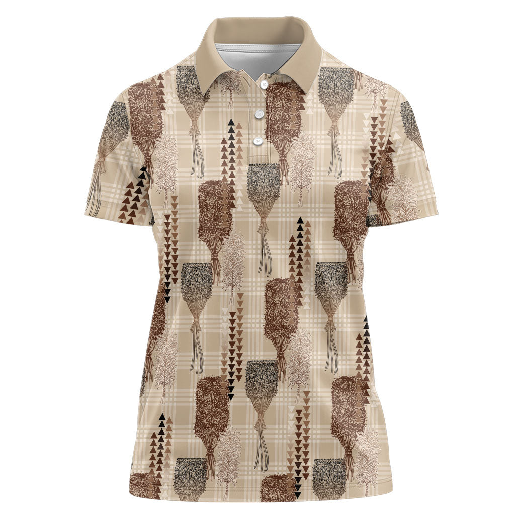 Aloha Hawaii Vintage Kahili Pa'a Lima Women Polo Shirt Palaka Print Cozy Beige