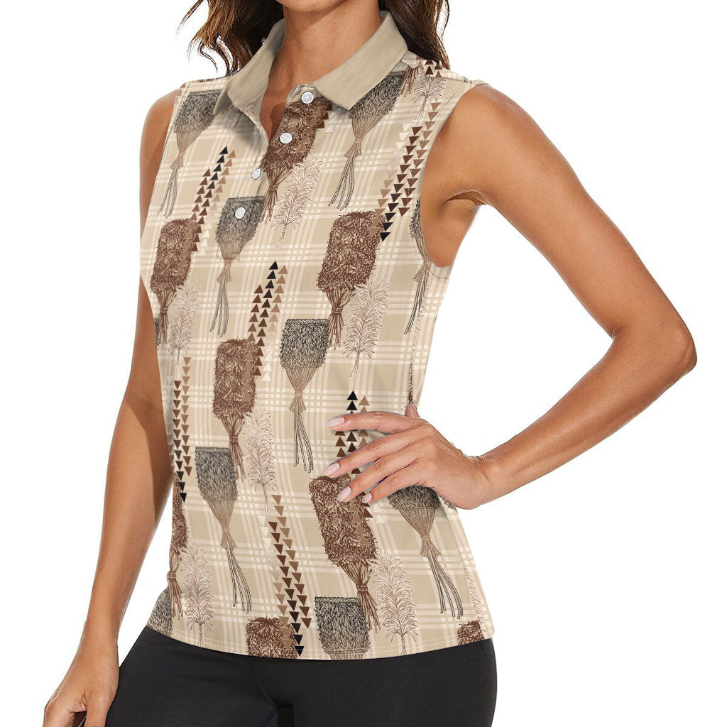 Aloha Hawaii Vintage Kahili Pa'a Lima Women Sleeveless Polo Shirt Palaka Print Cozy Beige