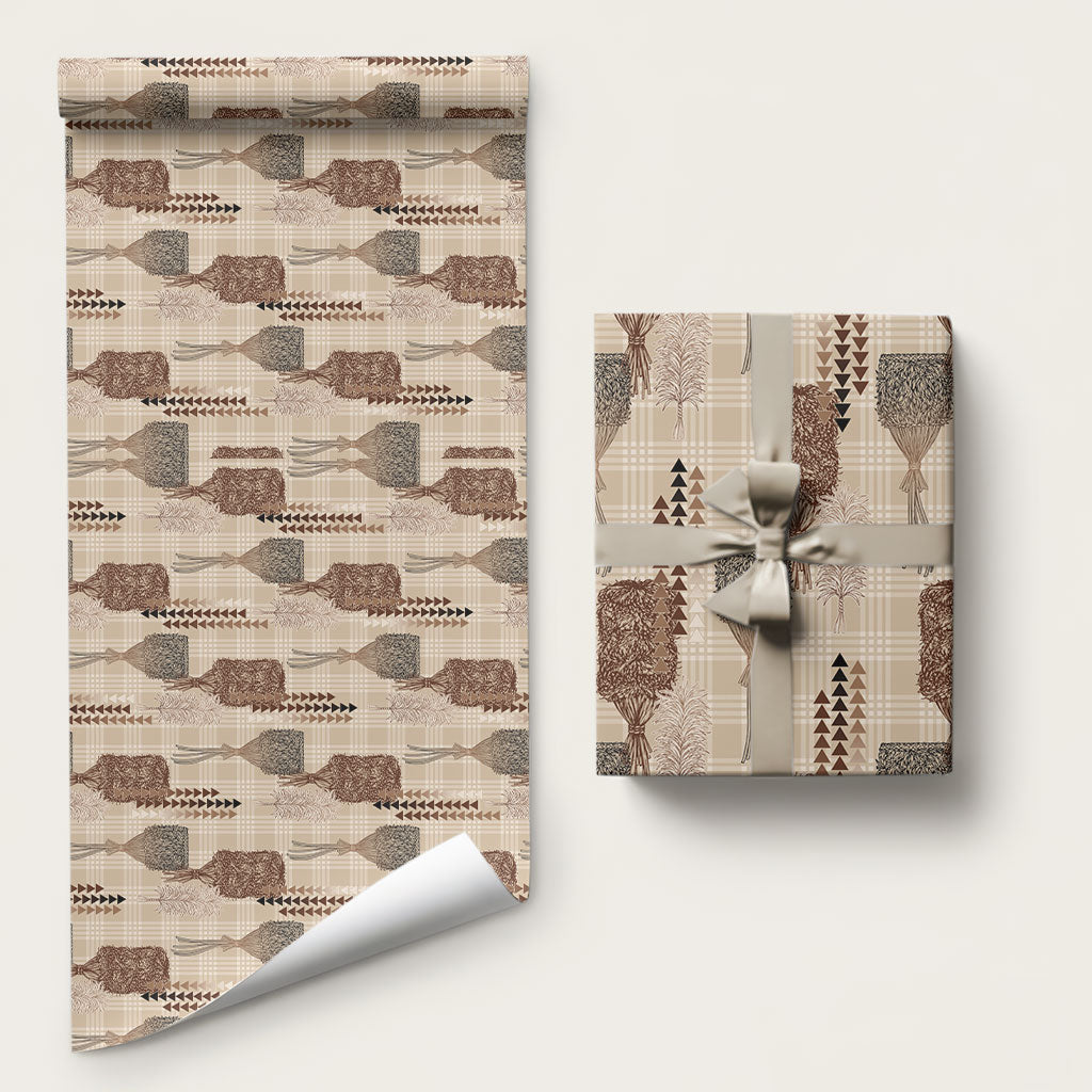 Aloha Hawaii Vintage Kahili Pa'a Lima Wrapping Paper Palaka Print Cozy Beige LT7 58" × 23" Beige - Polynesian Pride