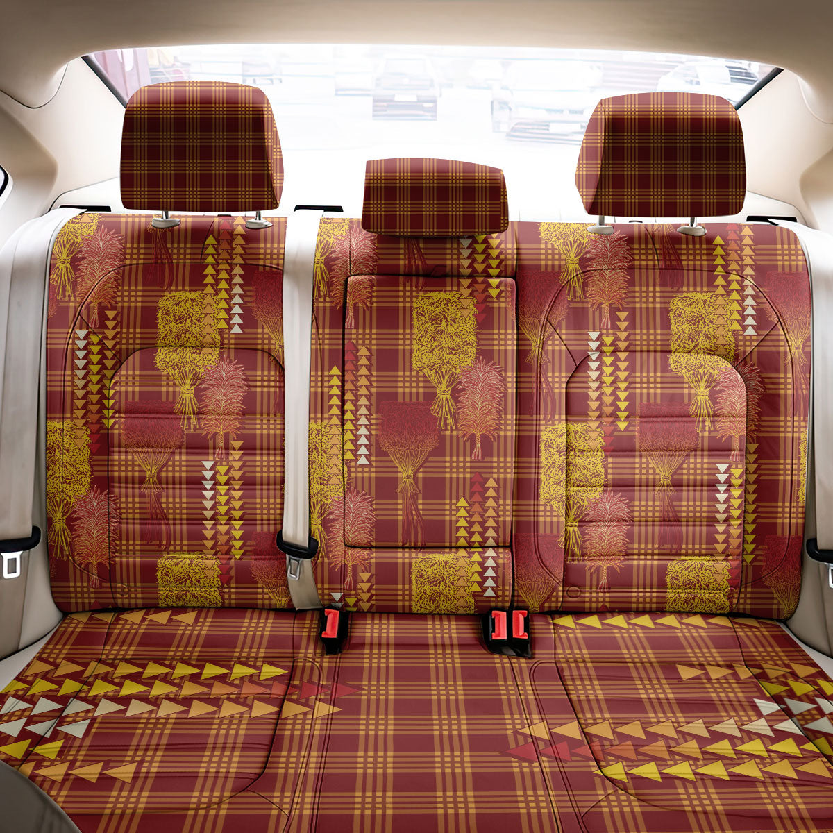 Aloha Hawaii Vintage Kahili Pa'a Lima Back Car Seat Cover Palaka Print Hilo Royal Red-Yellow