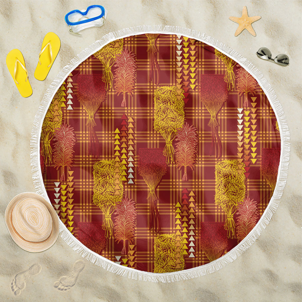 Aloha Hawaii Vintage Kahili Pa'a Lima Beach Blanket Palaka Print Hilo Royal Red-Yellow