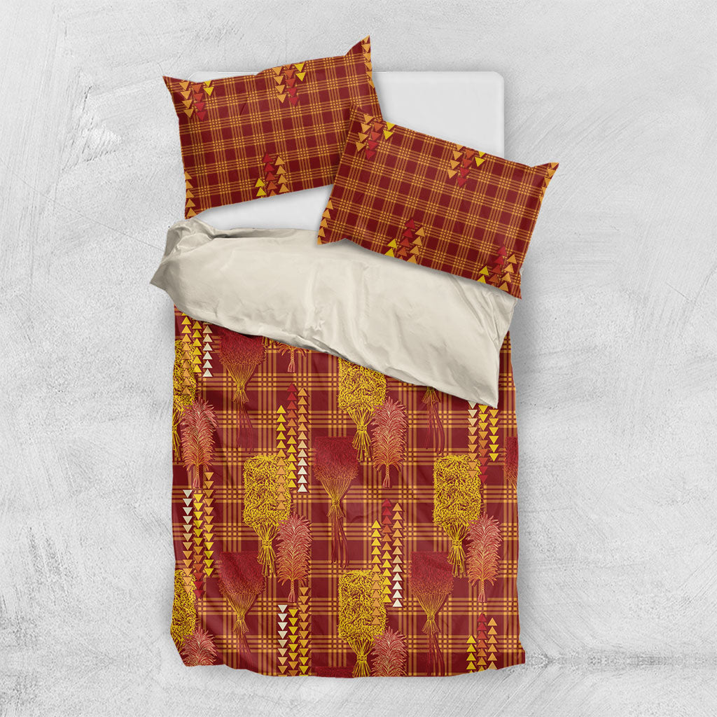 Aloha Hawaii Vintage Kahili Pa'a Lima Bedding Set Palaka Print Hilo Royal Red-Yellow