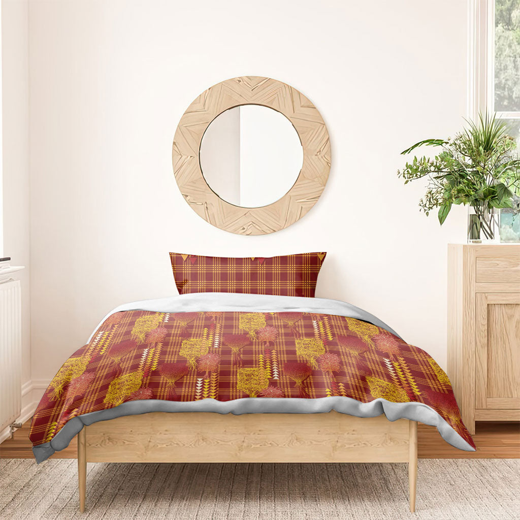 Aloha Hawaii Vintage Kahili Pa'a Lima Bedding Set Palaka Print Hilo Royal Red-Yellow