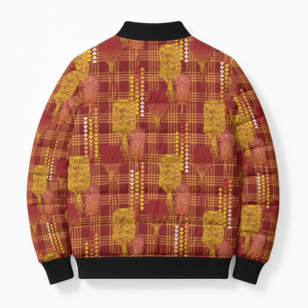 Aloha Hawaii Vintage Kahili Pa'a Lima Bomber Puffer Jacket Palaka Print Hilo Royal Red-Yellow