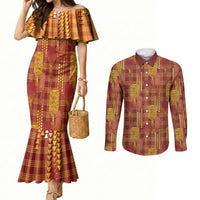 Aloha Hawaii Vintage Kahili Pa'a Lima Couples Matching Mermaid Dress and Long Sleeve Button Shirt Palaka Print Hilo Royal Red-Yellow