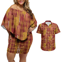 Aloha Hawaii Vintage Kahili Pa'a Lima Couples Matching Off Shoulder Short Dress and Hawaiian Shirt Palaka Print Hilo Royal Red-Yellow