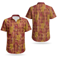 Aloha Hawaii Vintage Kahili Pa'a Lima Couples Matching Off Shoulder Short Dress and Hawaiian Shirt Palaka Print Hilo Royal Red-Yellow