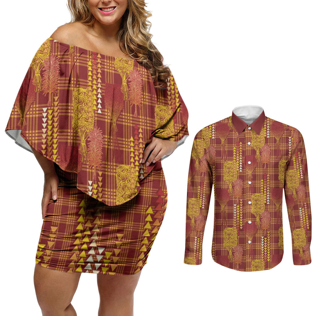 Aloha Hawaii Vintage Kahili Pa'a Lima Couples Matching Off Shoulder Short Dress and Long Sleeve Button Shirt Palaka Print Hilo Royal Red-Yellow
