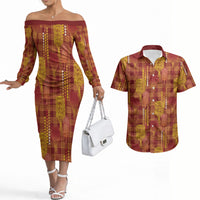 Aloha Hawaii Vintage Kahili Pa'a Lima Couples Matching Off The Shoulder Long Sleeve Dress and Hawaiian Shirt Palaka Print Hilo Royal Red-Yellow