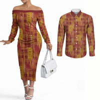 Aloha Hawaii Vintage Kahili Pa'a Lima Couples Matching Off The Shoulder Long Sleeve Dress and Long Sleeve Button Shirt Palaka Print Hilo Royal Red-Yellow