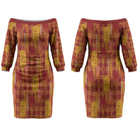 Aloha Hawaii Vintage Kahili Pa'a Lima Couples Matching Off The Shoulder Long Sleeve Dress and Long Sleeve Button Shirt Palaka Print Hilo Royal Red-Yellow
