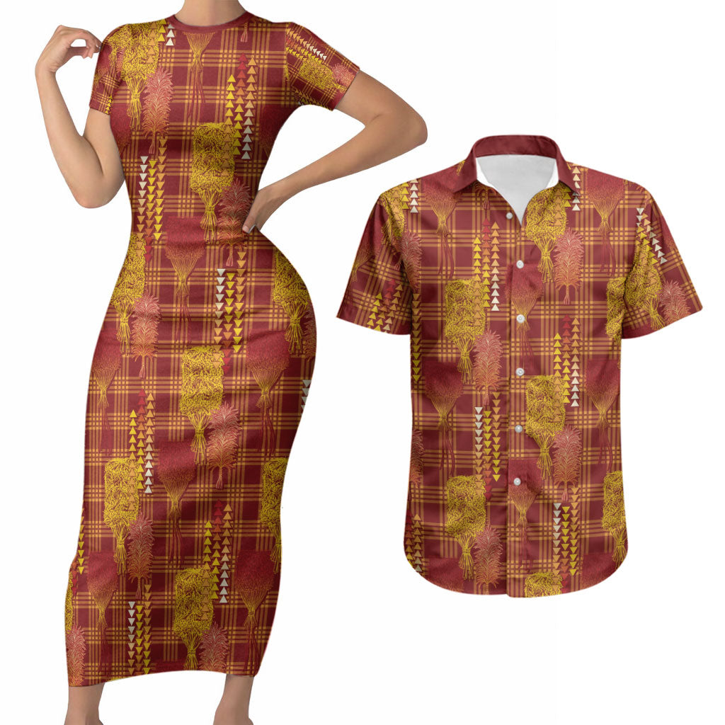 Aloha Hawaii Vintage Kahili Pa'a Lima Couples Matching Short Sleeve Bodycon Dress and Hawaiian Shirt Palaka Print Hilo Royal Red-Yellow LT7 Red - Polynesian Pride