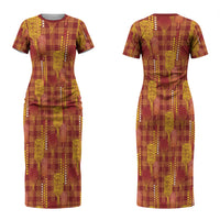 Aloha Hawaii Vintage Kahili Pa'a Lima Couples Matching Short Sleeve Bodycon Dress and Hawaiian Shirt Palaka Print Hilo Royal Red-Yellow