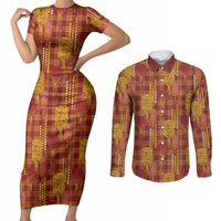 Aloha Hawaii Vintage Kahili Pa'a Lima Couples Matching Short Sleeve Bodycon Dress and Long Sleeve Button Shirt Palaka Print Hilo Royal Red-Yellow