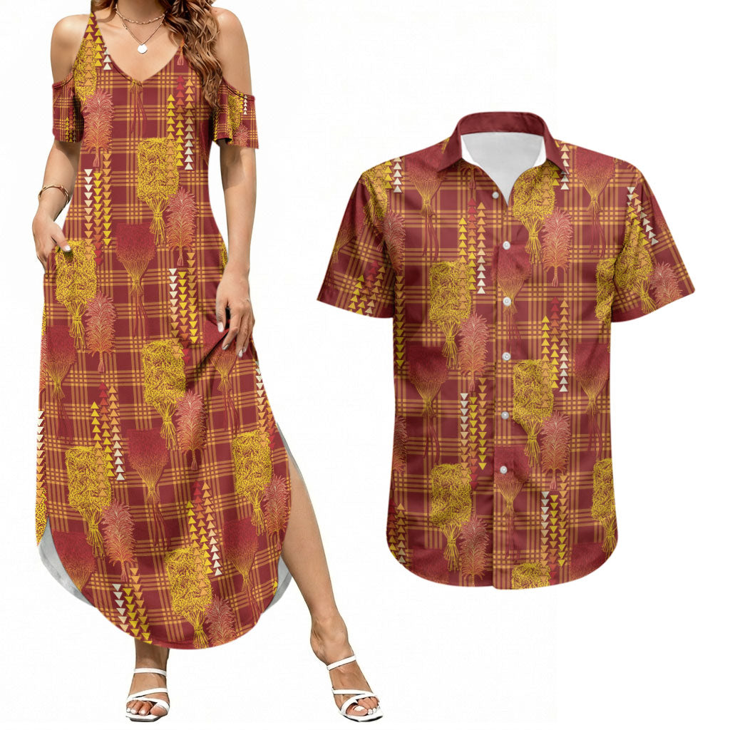 Aloha Hawaii Vintage Kahili Pa'a Lima Couples Matching Summer Maxi Dress and Hawaiian Shirt Palaka Print Hilo Royal Red-Yellow