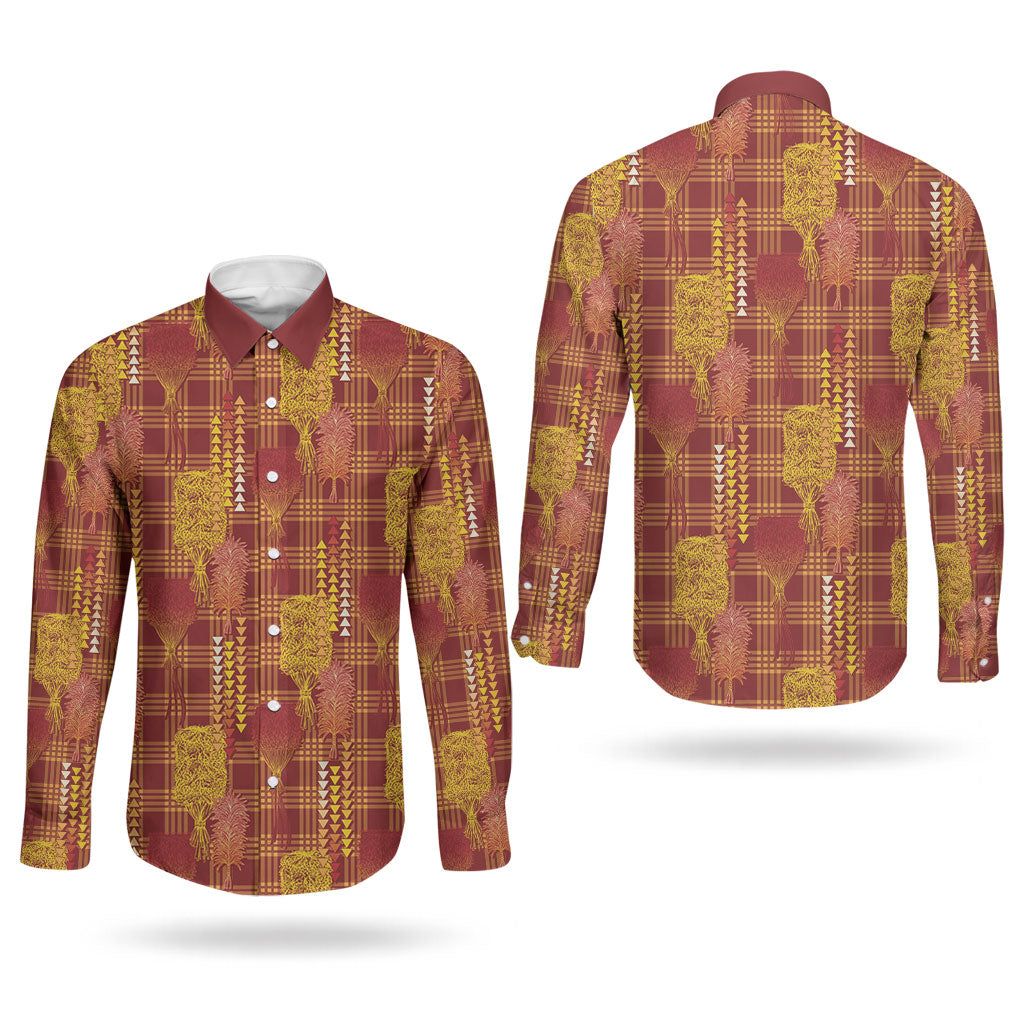 Aloha Hawaii Vintage Kahili Pa'a Lima Couples Matching Tank Maxi Dress and Long Sleeve Button Shirt Palaka Print Hilo Royal Red-Yellow
