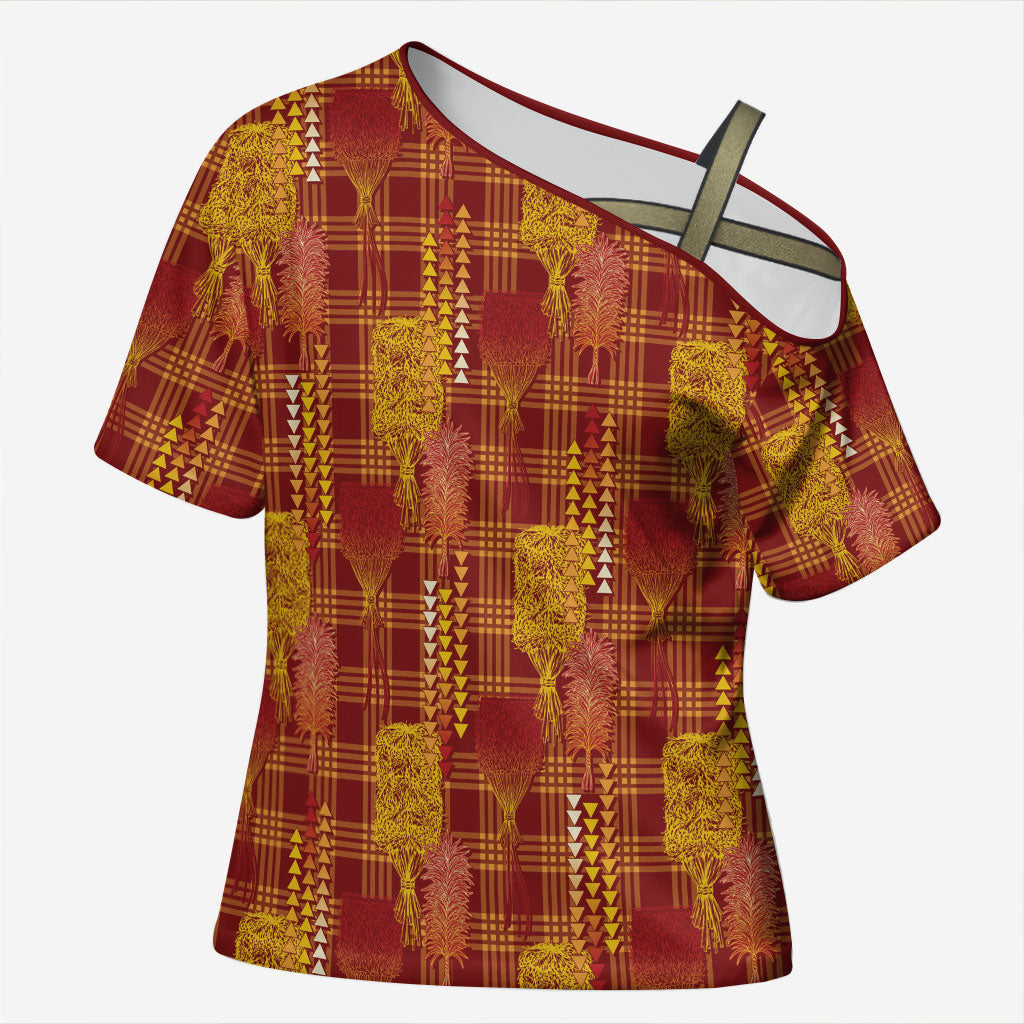 Aloha Hawaii Vintage Kahili Pa'a Lima Cross Shoulder Shirt Palaka Print Hilo Royal Red-Yellow