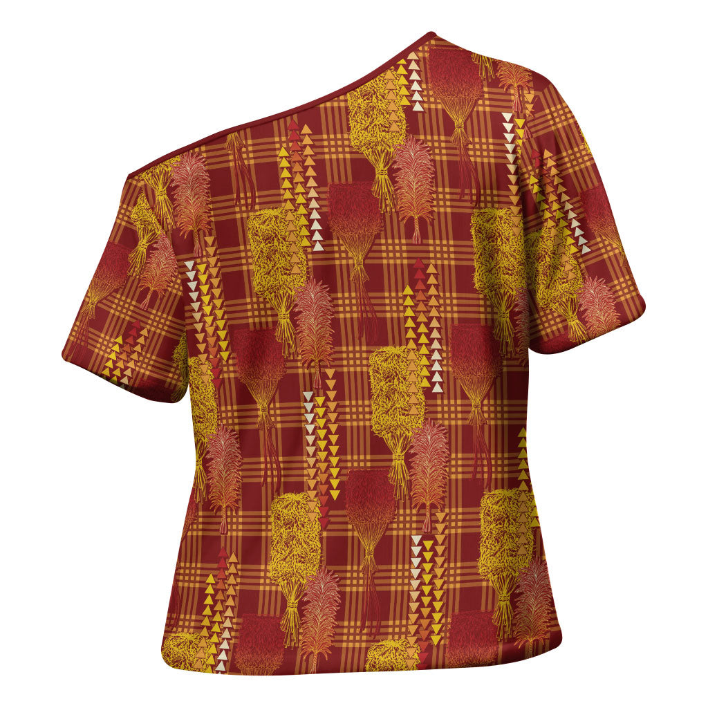 Aloha Hawaii Vintage Kahili Pa'a Lima Cross Shoulder Shirt Palaka Print Hilo Royal Red-Yellow
