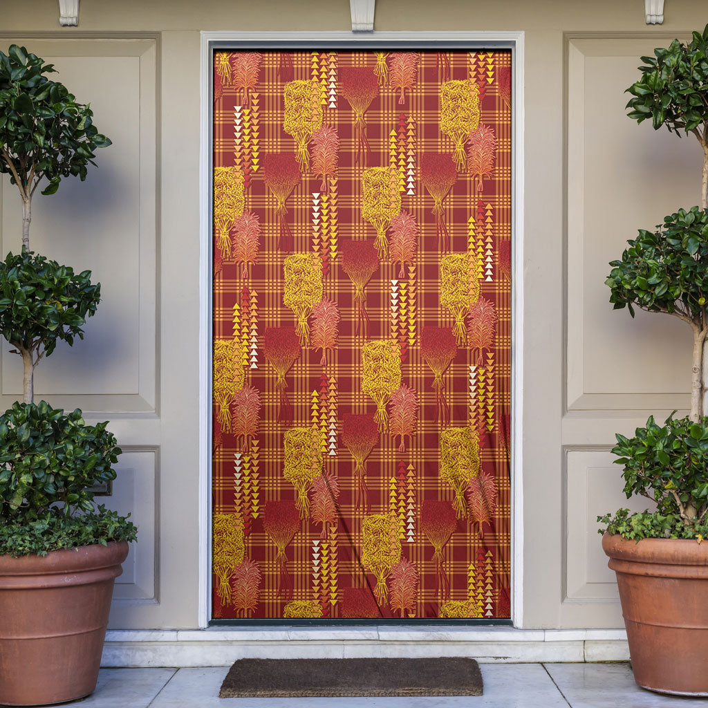 Aloha Hawaii Vintage Kahili Pa'a Lima Door Cover Palaka Print Hilo Royal Red-Yellow LT7 Red - Polynesian Pride