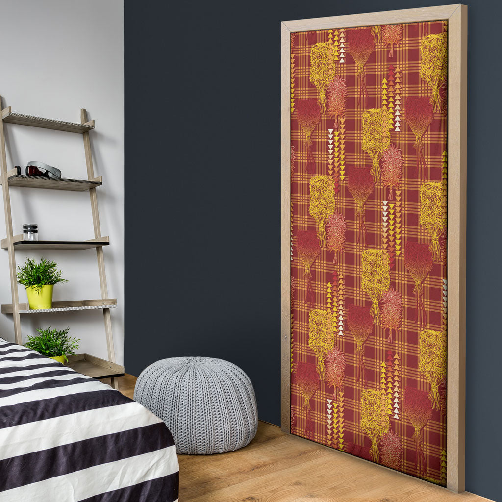 Aloha Hawaii Vintage Kahili Pa'a Lima Door Cover Palaka Print Hilo Royal Red-Yellow