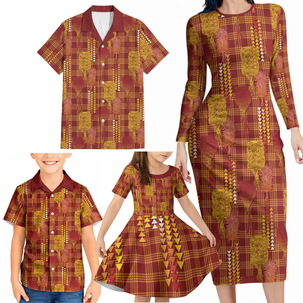 Aloha Hawaii Vintage Kahili Pa'a Lima Family Matching Long Sleeve Bodycon Dress and Hawaiian Shirt Palaka Print Hilo Royal Red-Yellow LT7 - Polynesian Pride
