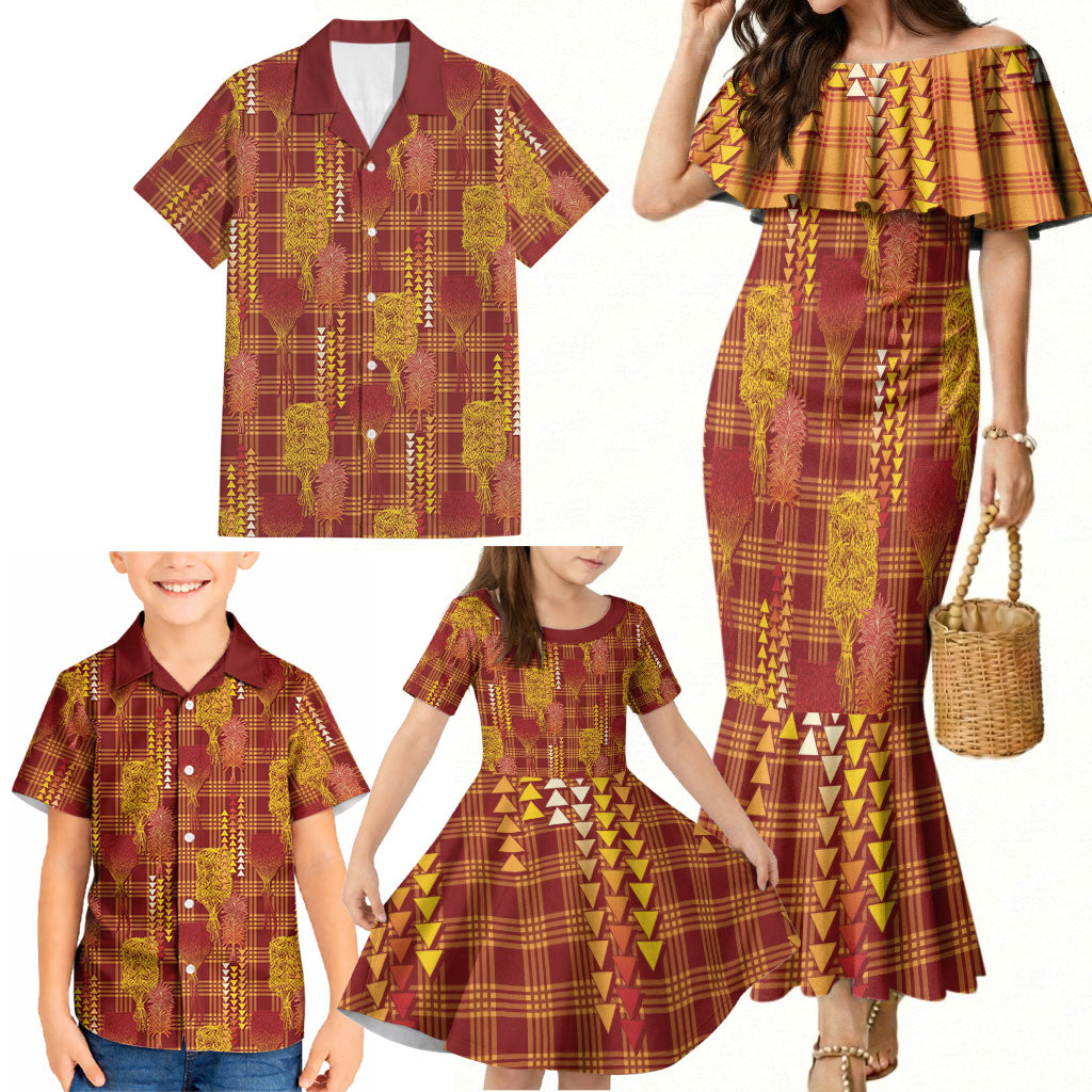 Aloha Hawaii Vintage Kahili Pa'a Lima Family Matching Mermaid Dress and Hawaiian Shirt Palaka Print Hilo Royal Red-Yellow LT7 - Polynesian Pride