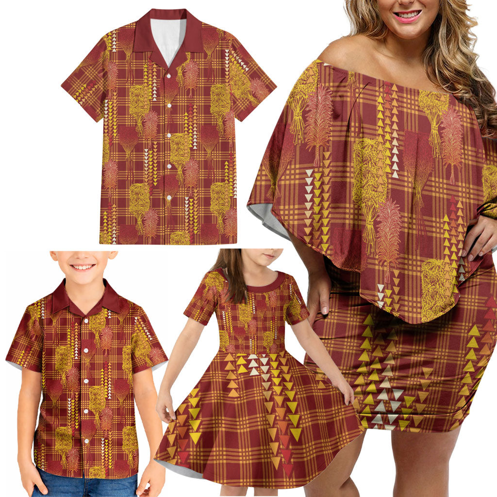 Aloha Hawaii Vintage Kahili Pa'a Lima Family Matching Off Shoulder Short Dress and Hawaiian Shirt Palaka Print Hilo Royal Red-Yellow LT7 - Polynesian Pride