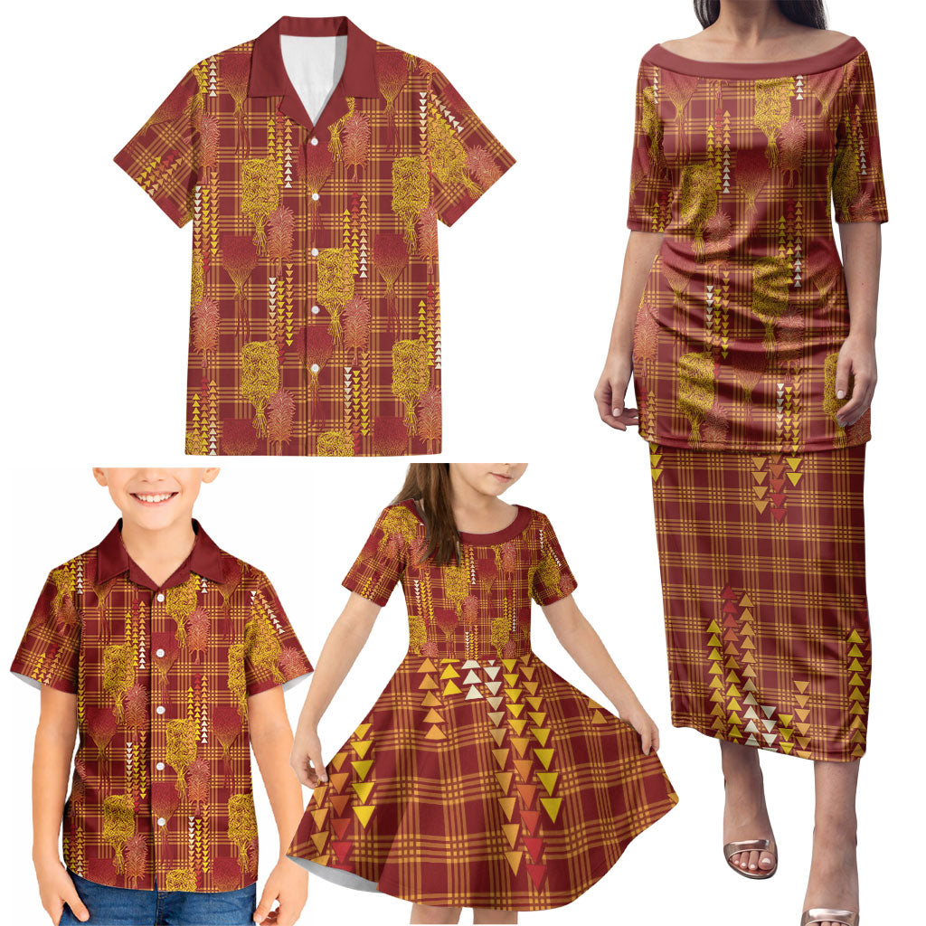 Aloha Hawaii Vintage Kahili Pa'a Lima Family Matching Puletasi and Hawaiian Shirt Palaka Print Hilo Royal Red-Yellow