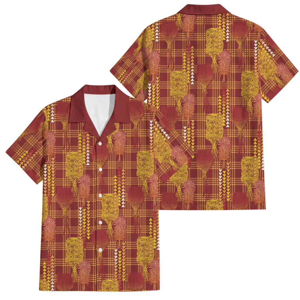 Aloha Hawaii Vintage Kahili Pa'a Lima Family Matching Puletasi and Hawaiian Shirt Palaka Print Hilo Royal Red-Yellow