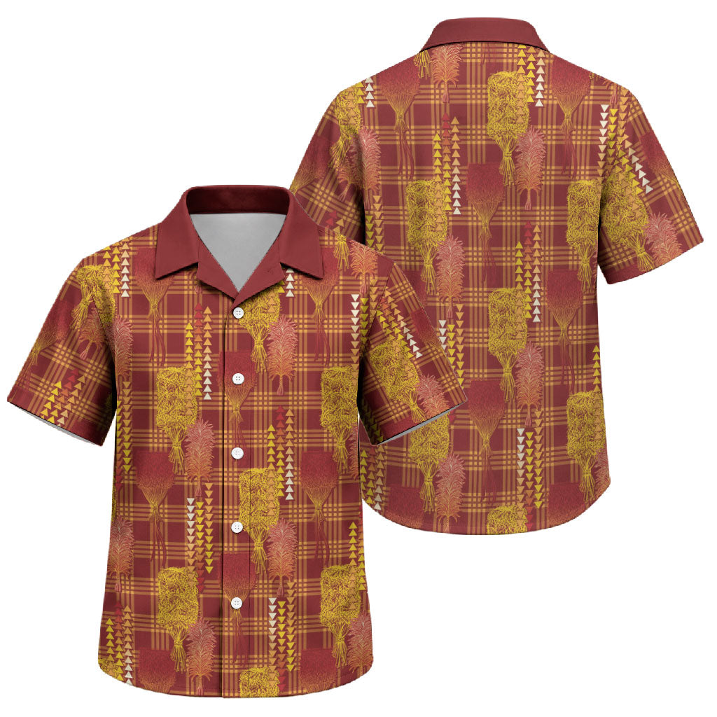 Aloha Hawaii Vintage Kahili Pa'a Lima Family Matching Puletasi and Hawaiian Shirt Palaka Print Hilo Royal Red-Yellow