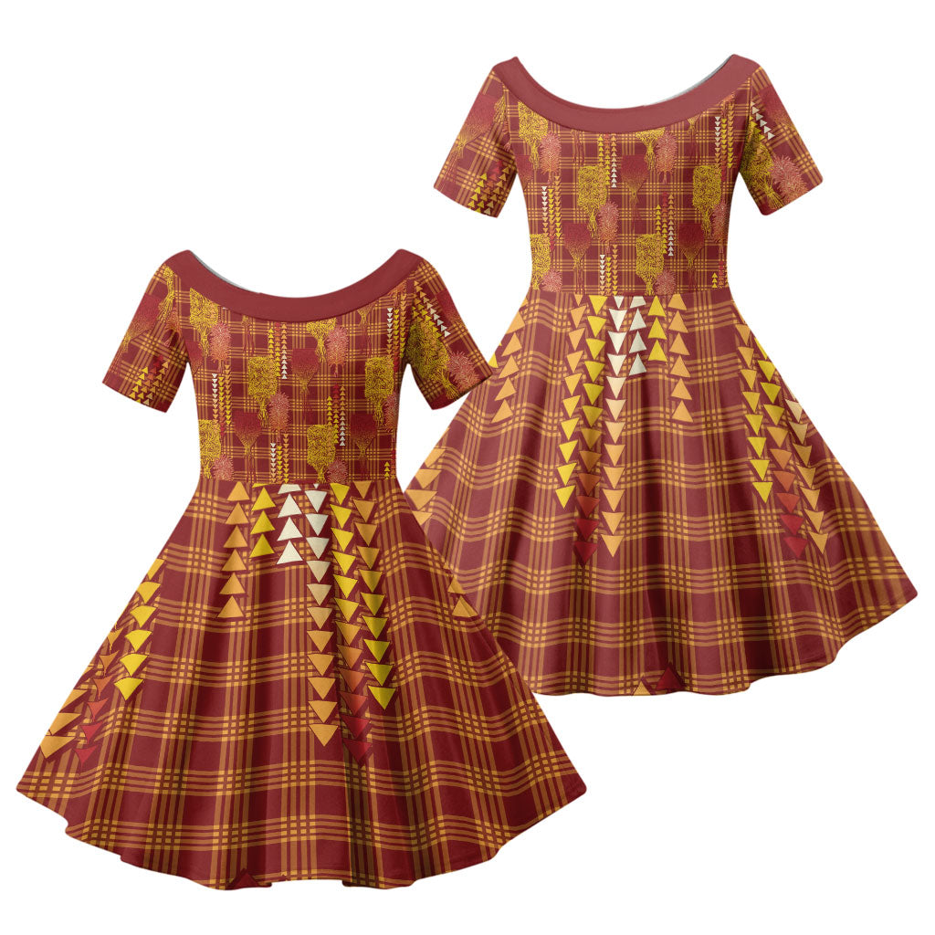 Aloha Hawaii Vintage Kahili Pa'a Lima Family Matching Short Sleeve Bodycon Dress and Hawaiian Shirt Palaka Print Hilo Royal Red-Yellow