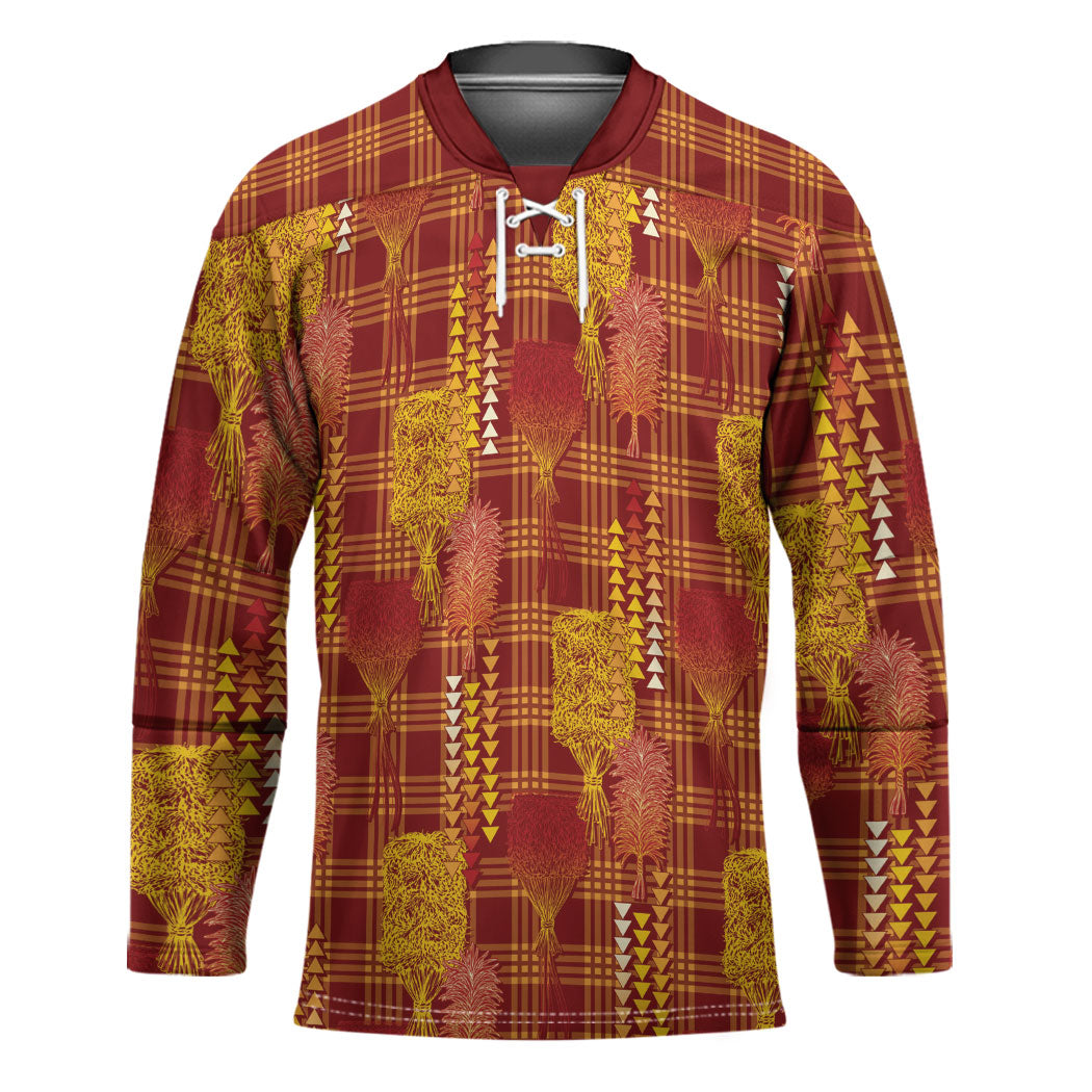 Aloha Hawaii Vintage Kahili Pa'a Lima Hockey Jersey Palaka Print Hilo Royal Red-Yellow
