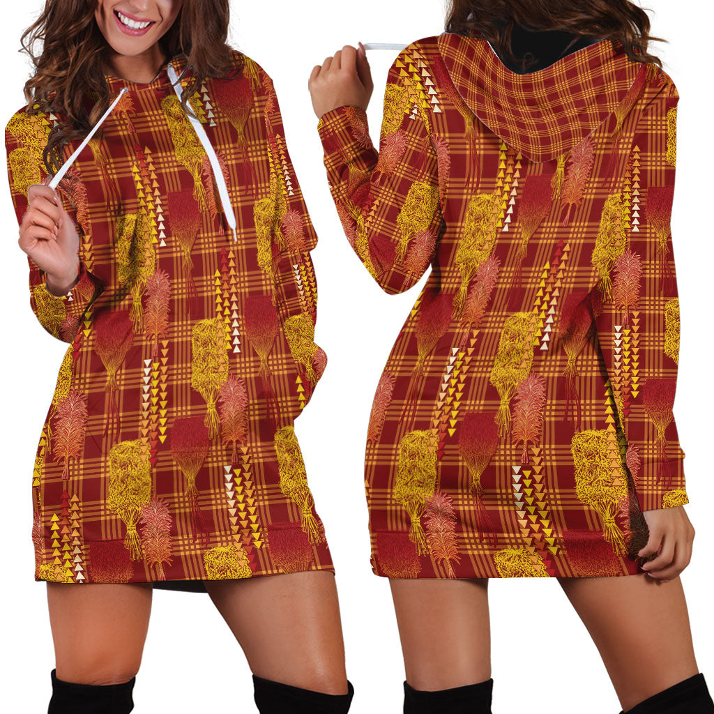 Aloha Hawaii Vintage Kahili Pa'a Lima Hoodie Dress Palaka Print Hilo Royal Red-Yellow