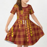 Aloha Hawaii Vintage Kahili Pa'a Lima Kid Short Sleeve Dress Palaka Print Hilo Royal Red-Yellow