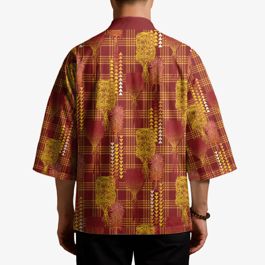 Aloha Hawaii Vintage Kahili Pa'a Lima Kimono Palaka Print Hilo Royal Red-Yellow