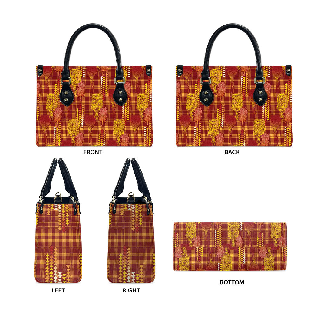 Aloha Hawaii Vintage Kahili Pa'a Lima Leather Bag Palaka Print Hilo Royal Red-Yellow