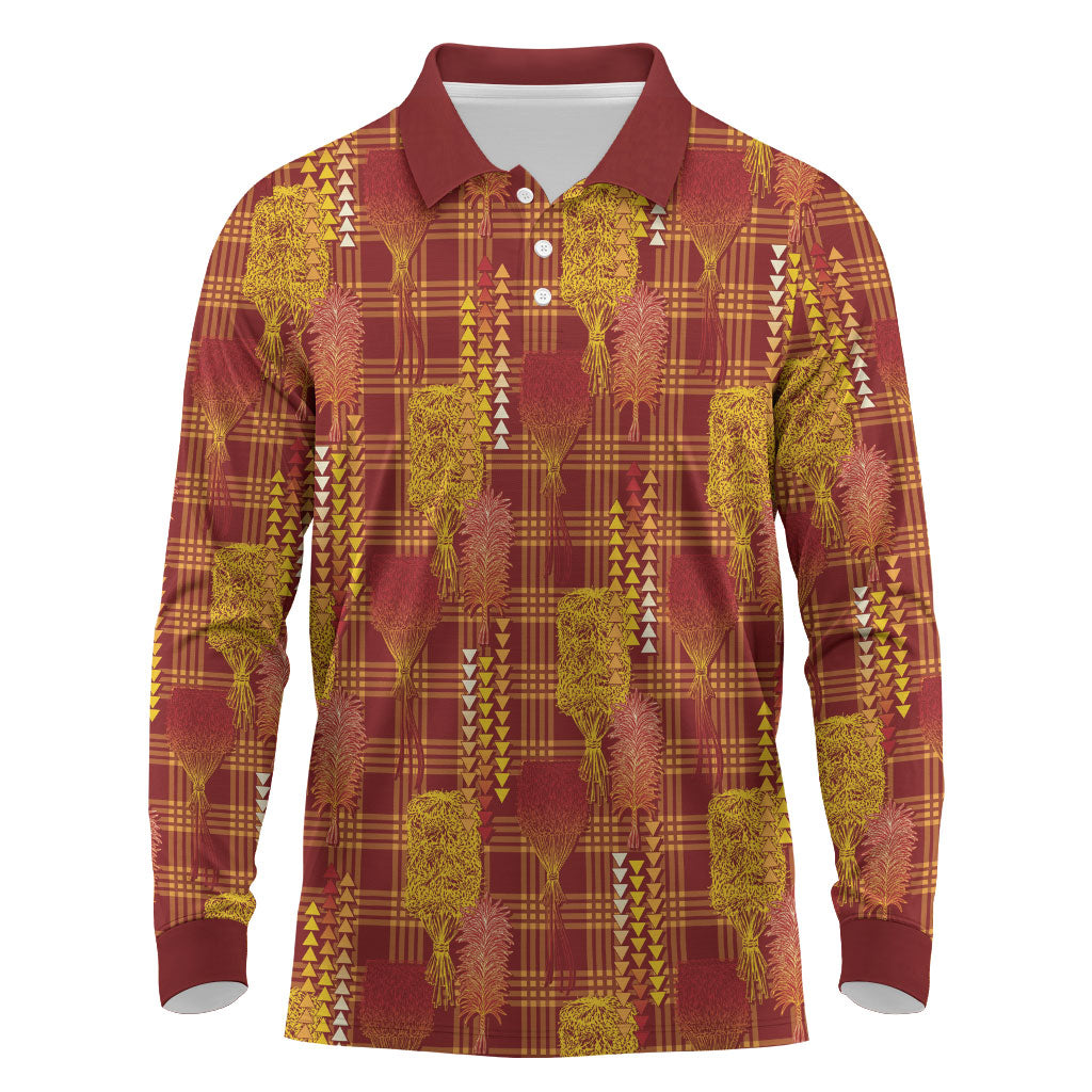 Aloha Hawaii Vintage Kahili Pa'a Lima Long Sleeve Polo Shirt Palaka Print Hilo Royal Red-Yellow