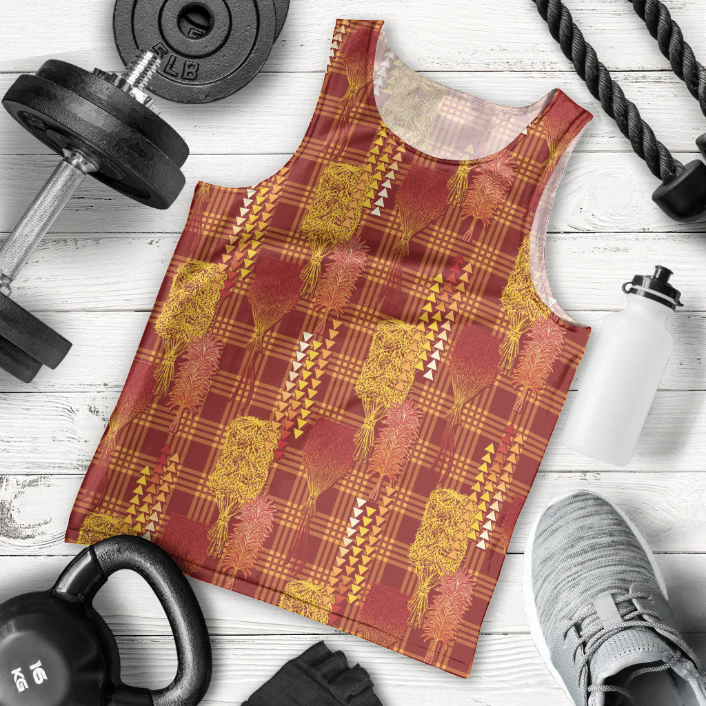 Aloha Hawaii Vintage Kahili Pa'a Lima Men Tank Top Palaka Print Hilo Royal Red-Yellow