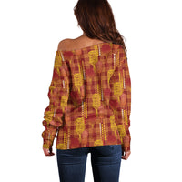 Aloha Hawaii Vintage Kahili Pa'a Lima Off Shoulder Sweater Palaka Print Hilo Royal Red-Yellow