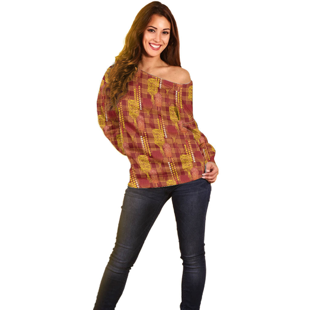 Aloha Hawaii Vintage Kahili Pa'a Lima Off Shoulder Sweater Palaka Print Hilo Royal Red-Yellow